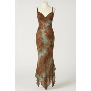 VTG Y2K GiGi Brown Blue Tie Dye Mesh Slip Dress Fairycore Maxi Handkerchief Hem